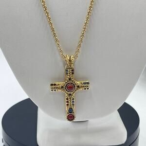 Vintage Designer Signed Camrose & Kross JBK Gold Plated Religious Cross Necklace